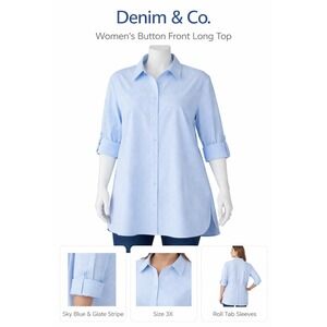 Denim & Co Womens 3X Blue Stripe Button Front Long Tunic Roll Tab Sleeve A222217
